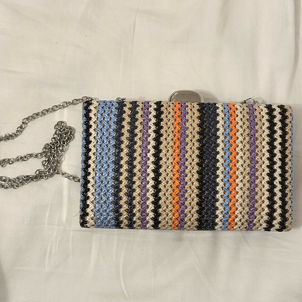 Striped Multicolor Crochet Straw Chain Crossbody or Cluth Bag